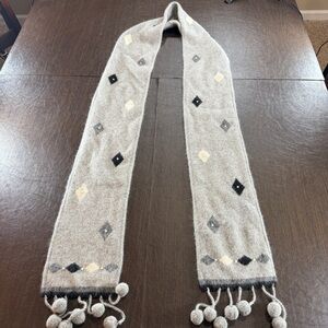 Cozy Gray Diamond Pom-Pom Scarf Wool Angora Blend